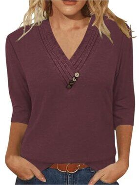 V Neck Blouses for Women Lightweight Button Shirts 3/4 Sleeve Business Tunic